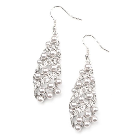 Fancy Silver Pearl & Rhinestone Teardrop Earrings